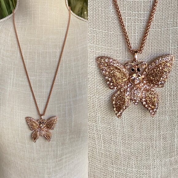 FAC Rose Gold Swarovski Crystal Butterfly Necklace NWT - Picture 1 of 9